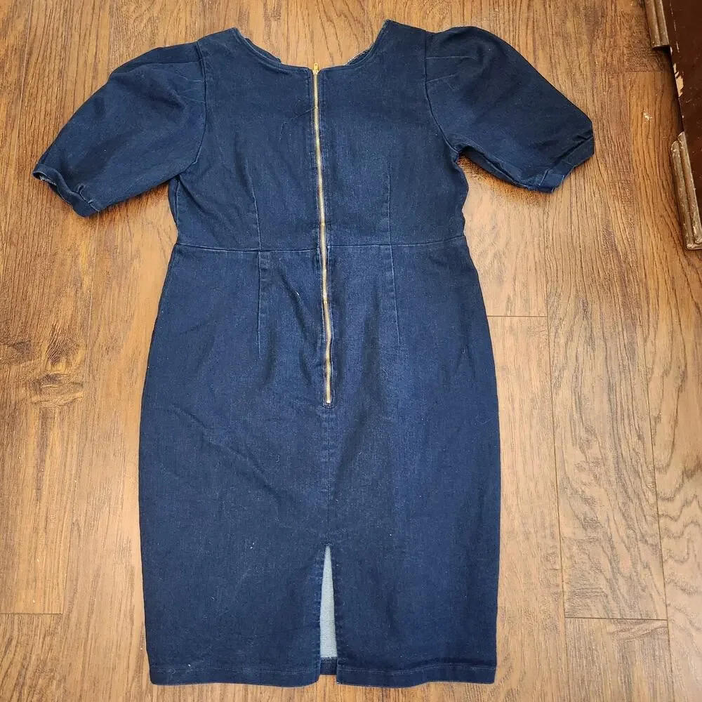 Handmade Stretch Denim Square Neck Bodycon Pencil Dress-Size 16
